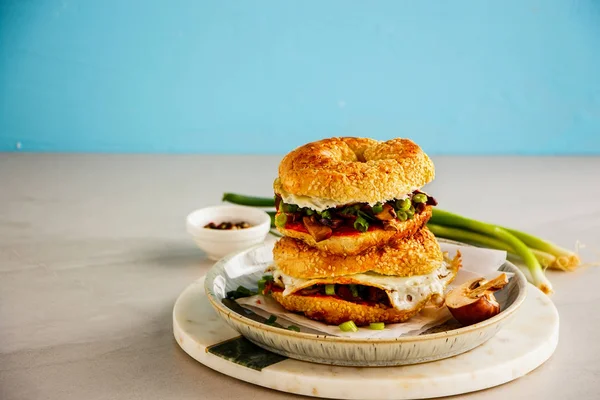 Mushrooms and fried egg sandwich