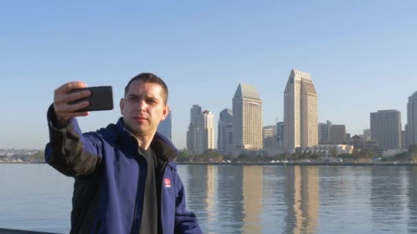 Young Handsome Man Taking Selfie in San Diego City — Stock Video