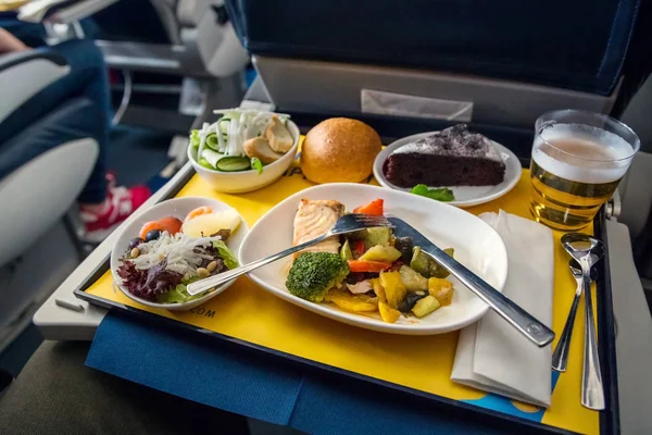 Food Served Board Business Class Airplane Table Tray Food Airplane — Stock Photo, Image