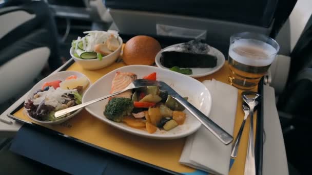 Tablett mit Lebensmitteln im Flugzeug — Stockvideo