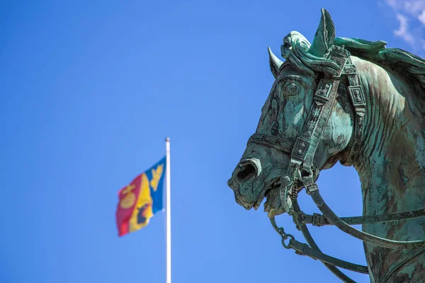 Horse statue in front of royal palace in Stockholm