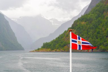Norveç'in Doğa fiyort üzerinde sallayarak Norveç bayrağı