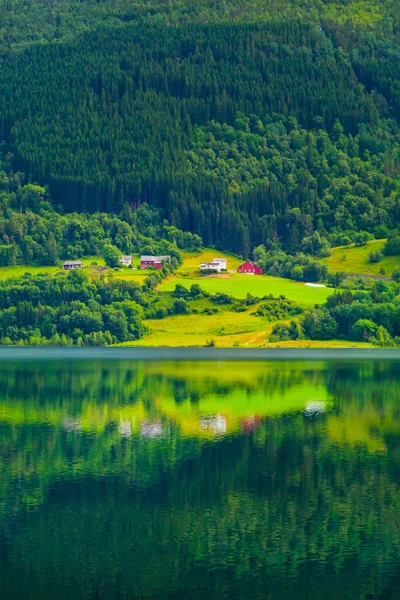 Деревня расположена на зеленых склонах возле озера . — стоковое фото