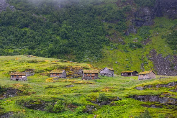 Старые дома с травяными крышами в Норвегии — стоковое фото