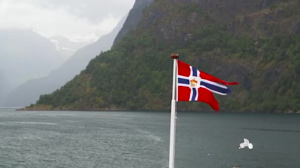 Норвегія прапор махав на фоні фьорда Норвегії — стокове відео