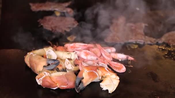 Vers gekookte krabben en garnalen — Stockvideo