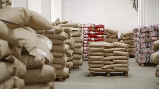 Groot magazijn met tassen bij de fabriek van macaroni — Stockvideo