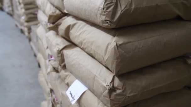 Pile di sacchetti di carta nel magazzino della fabbrica . — Video Stock