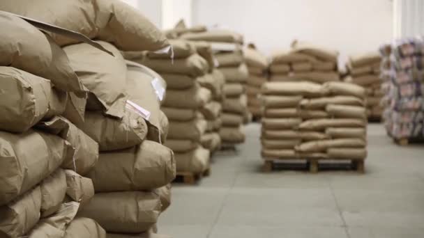 Piles de sacs en papier dans l'entrepôt de l'usine . — Video