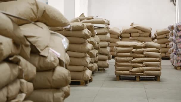 Montones de bolsas de papel en el almacén de fábrica . — Vídeos de Stock