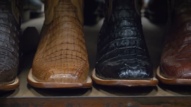 Stijlvolle cowboys laarzen op een plank in een winkel. — Stockvideo