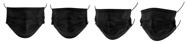 Tıbbi maske ya da cerrahi kulak ilmiği maskesi kesme yolu olan beyaz bir arka planda izole edilmiş. Tıbbi maske siyah rengi beyaz arka planda izole edilmiş. Doktor maskesi farklı bakış açıları