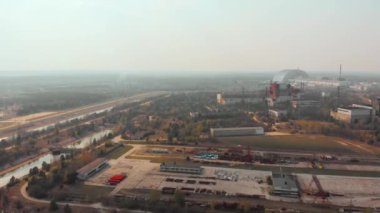 Çernobil NPP, Ukrayna yakınlarındaki bir bölgede. Hava görünümü