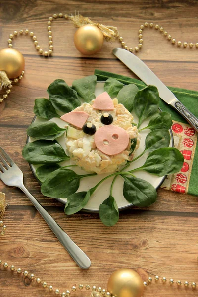 Salata için yeni yıl domuz, domuz şeklinde dekore edilmiştir. Yeni yıl bir tarzda çekilmiş fotoğrafı.