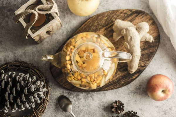 Delicious Tea Ginger Orange Sea Buckthorn Transparent Teapot — Stock Photo, Image