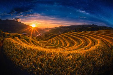 Pirinç de Mu Cang Chai, Yenbai, Vietnam gün batımında Samanyolu ile Teras alanları.