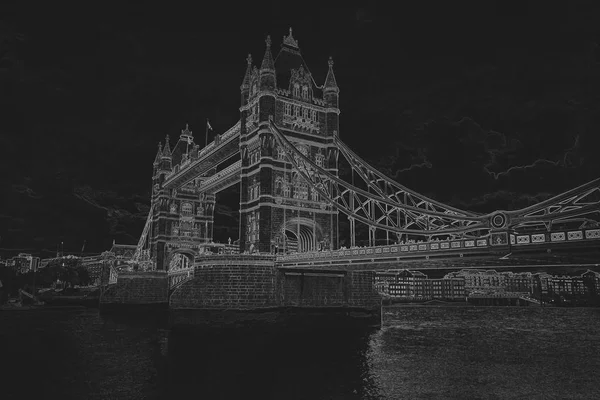 Desenho Lápis Uma Ponte Torre Sobre Fundo Preto Filtro Desenho — Fotografia de Stock