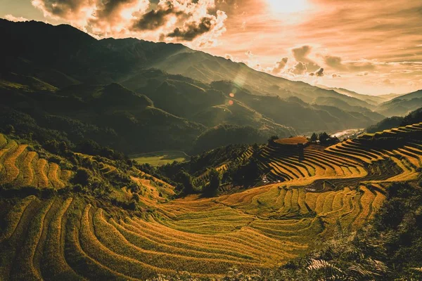 Reisfelder Auf Terrassen Mit Holzpavillon Bei Sonnenaufgang Cang Chai Yenbai — Stockfoto