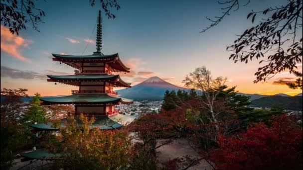 Fuji Con Chureito Pagoda Foglia Rossa Autunno Tramonto Fujiyoshida Giappone — Video Stock