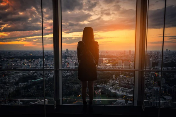 Tokyo siluetinin ve gökdelenler görünümünü gözlem güverte Japonya'da batımını Traveler kadın arkadan görünüş.