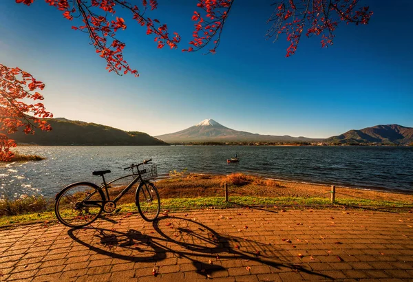 Fuji Sobre Lago Kawaguchiko Con Bicicleta Follaje Otoño Amanecer Fujikawaguchiko — Foto de Stock