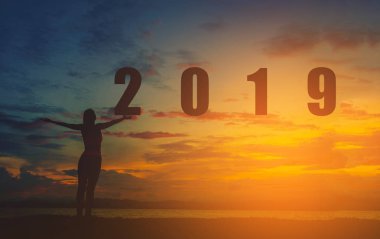 Siluet yeni yıl 2019 batımında sahilde mutlu kadınla. Vintage sesi