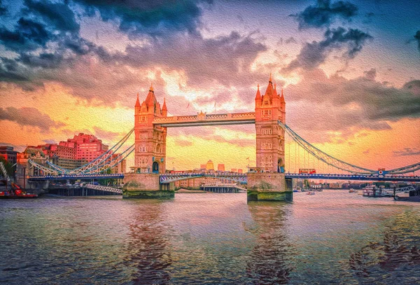 Oil paint image of Tower Bridge landmark in London city at sunset in UK.