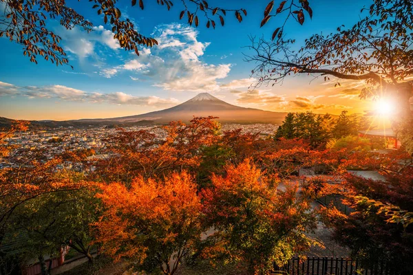 Mt. Fuji with red leaf in the autumn on sunset at Fujiyoshida, Japan.
