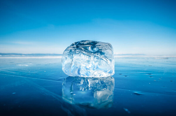 Close-up of natural breaking ice in frozen water on Lake Baikal, Siberia, Russia.