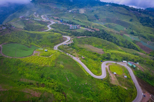 Aerial top view of Mountain and Road to Phu Thap Boek in the morning. Phetchabun Thailand.