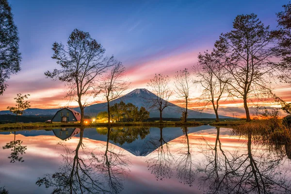 Fuji Con Grandes Árboles Lago Amanecer Fujinomiya Japón — Foto de Stock