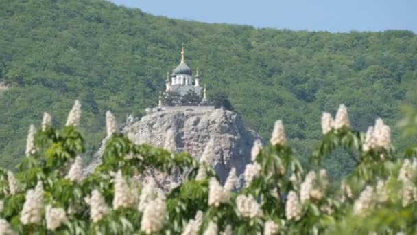 Orthodoxe kerk in Foros staat op een berg, tegen een achtergrond van bloeiende kastanjes — Stockvideo