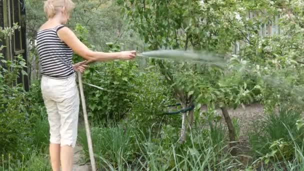 Donna sta innaffiando le piante nel suo giardino da un tubo — Video Stock