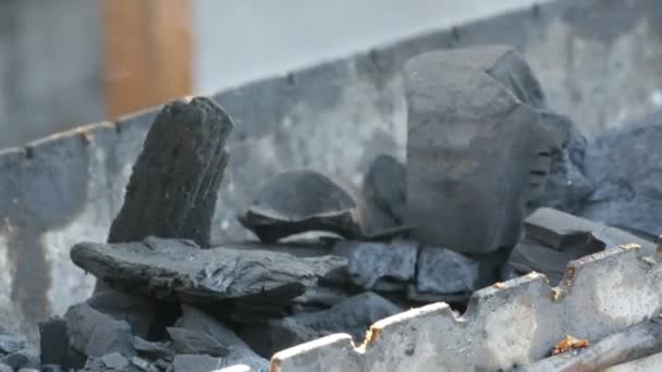 Grandi pezzi di carboni fumanti si trovano sulla griglia — Video Stock