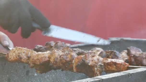 Смачне соковите м'ясо шашлику на шампурі смажити на диму — стокове відео