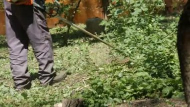 Çim biçme makinesi Çim yetişen yabani ot biçme adam