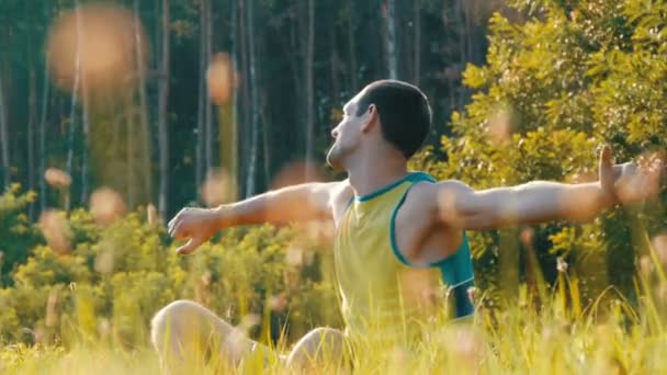 Yaz ve gülümser bir yeşil çimenlerin üzerinde neşeli genç adam oturur — Stok video