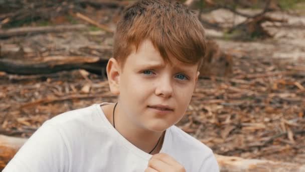 Portrait émotionnel d'un adolescent roux aux yeux bleus et aux taches de rousseur qui regarde dans la caméra — Video