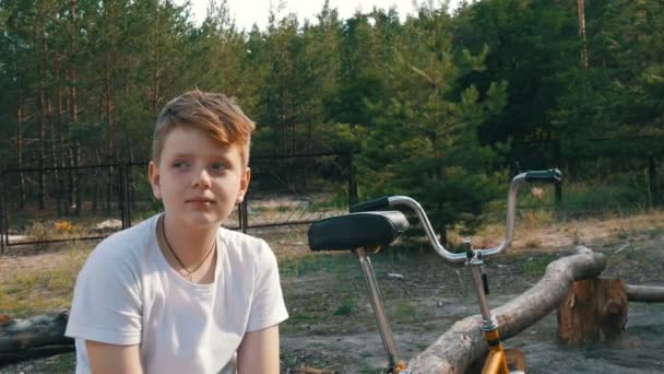 Roztomilá blondýnka s modrýma očima dospívající chlapec sedí a úsměv v parku vedle kola a rozhovory v létě. Emocionální portrét chlapce — Stock video