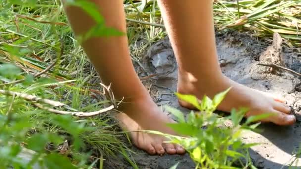 Piernas de adolescente en pie en la orilla de un río salvaje en barro natural y hierba — Vídeo de stock