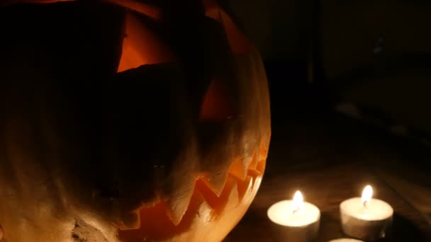 Schrecklicher Halloween-Kürbis, umgeben von vielen Kerzen im Dunkeln — Stockvideo