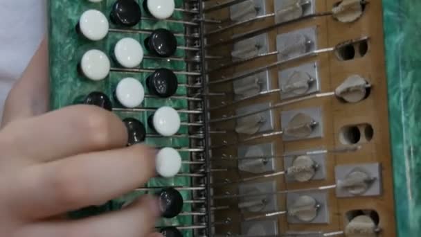 Junge Teenager spielen auf einem grünen Vintage alten Bajan. ein anschauliches Beispiel der inneren Ziehharmonika — Stockvideo