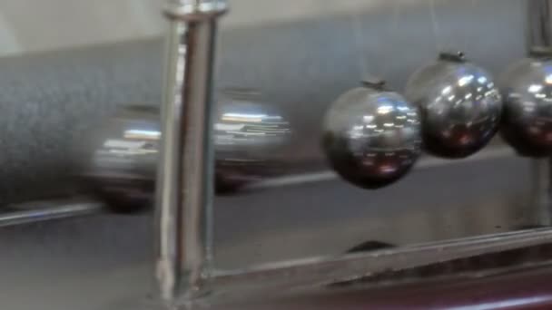 Newtons cradle showing laws of physics in motion. Museum of the Science and newton pendulum — Stock Video