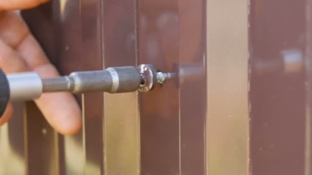 Hand screwdriver and screws cut into the iron sheet metal close view. Mens hands repairing fence — Stock Video