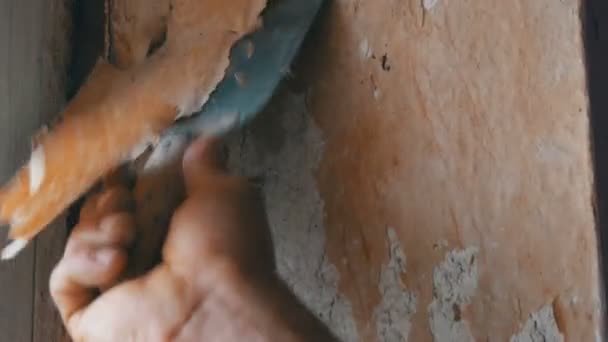 Decrepit papier peint sur un mur, réparation de la maison. Homme peeling vieux papier peint avec spatule spéciale . — Video