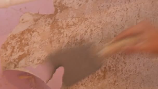 Αρχική επισκευές. Το αρσενικό χέρι ξεφλουδίζει μακριά ροζ παλιά ταπετσαρία από τους τοίχους με ειδική σπάτουλα εσωτερικη — Αρχείο Βίντεο