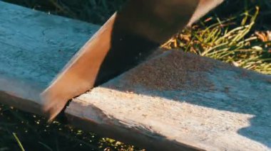 Adam ahşap tahta el ile testere gördüm