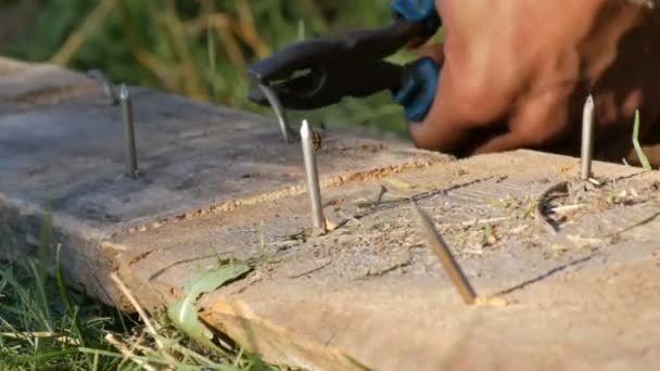 Man bends iron nails with pliers on an old board — Stock Video