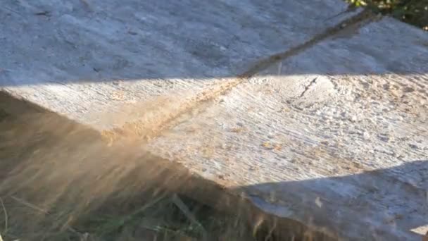 Vista de cerca de un hombre aserrando madera Tablero con sierra de mano y aserrín — Vídeos de Stock