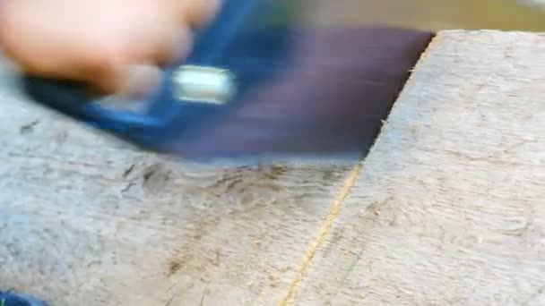 Homens serra um pedaço de madeira com mão de ferro velho viu de perto vista — Vídeo de Stock